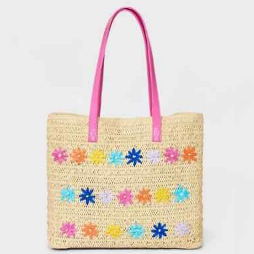 Cat & Jack Straw Floral Embroidery Tote Bag Beige 15" × 11.75"